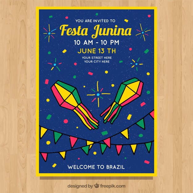 Vector gratuito folleto de invitación de fiesta junina con fuegos artificiales