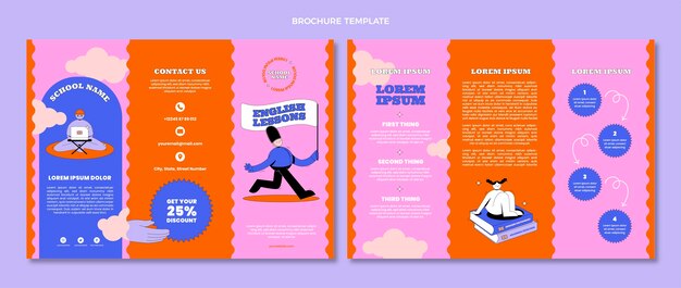 Folleto de lecciones de inglés de diseño plano dibujado a mano