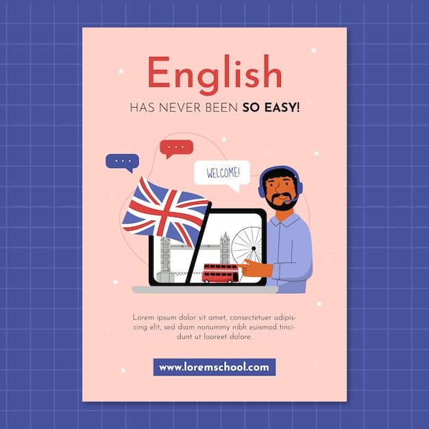 Vector gratuito folleto de lecciones de inglés en línea