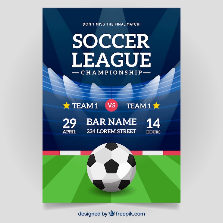 Vector gratuito folleto de liga de fútbol con balón y campo