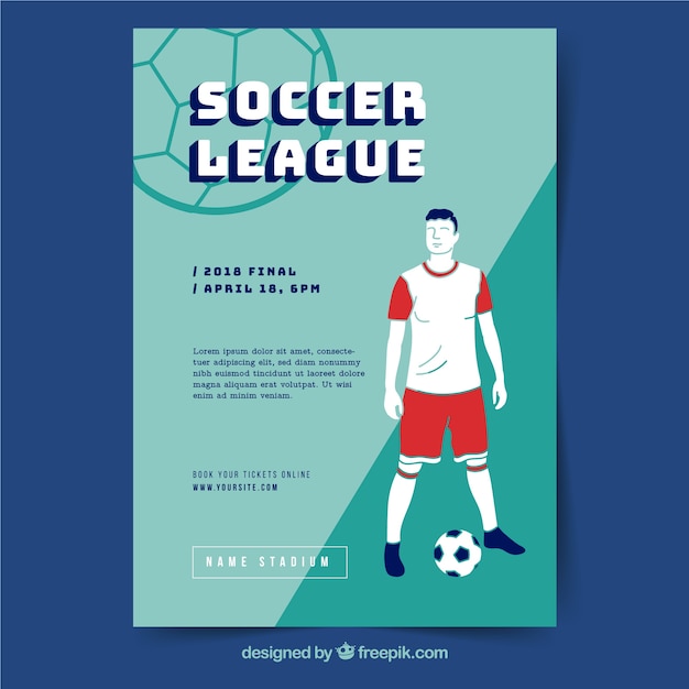 Vector gratuito folleto de liga de fútbol con jugador en estilo hecho a mano