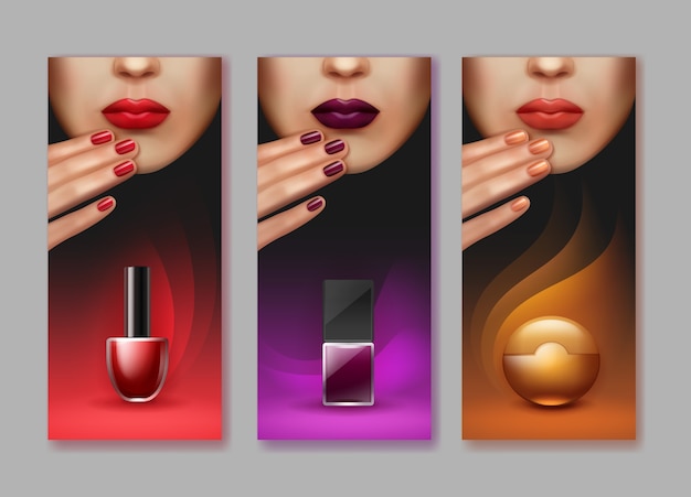 Vector gratuito folleto de maquillaje con esmalte de uñas de diferentes colores.