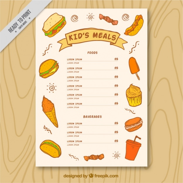 Folleto de menú de niños con bocetos de deliciosa comida