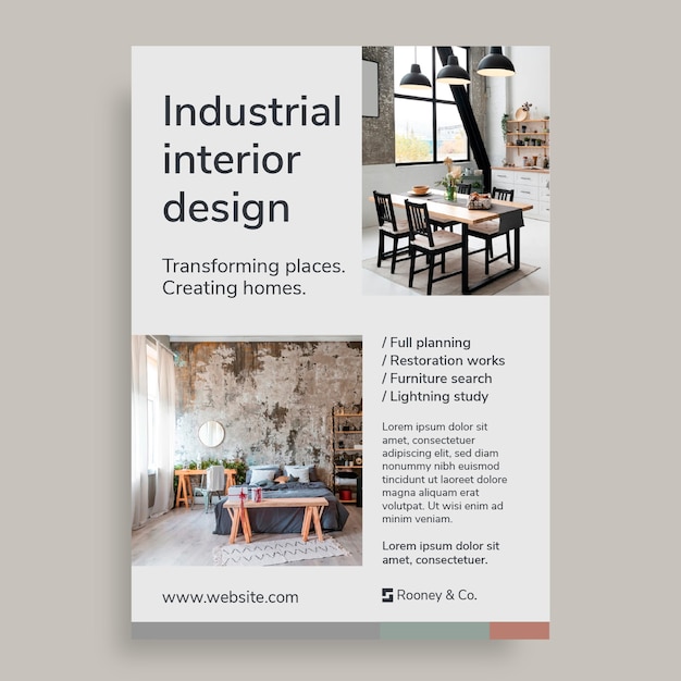 Folleto minimalista de diseño de interiores industriales.