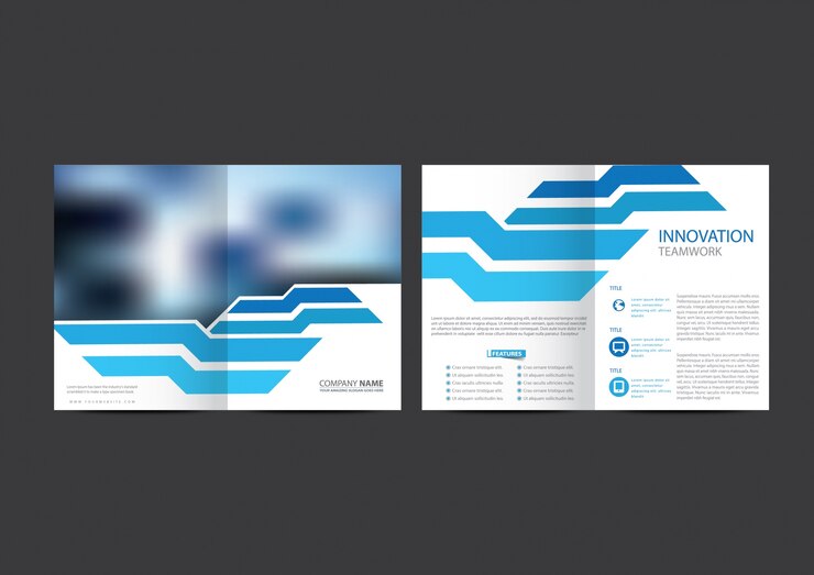 Folleto de negocios geométrico azul y blanco
