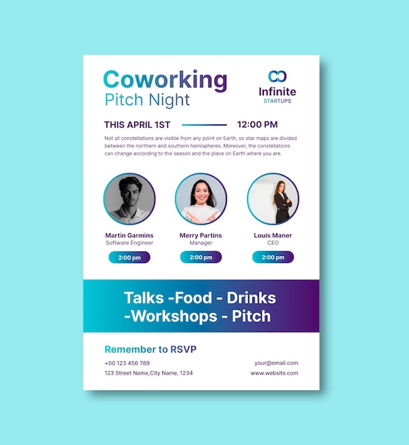 Folleto nocturno de tono de coworking minimalista degradado