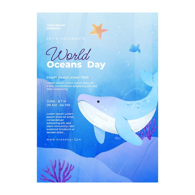 Folleto o póster de acuarela del día mundial de los océanos