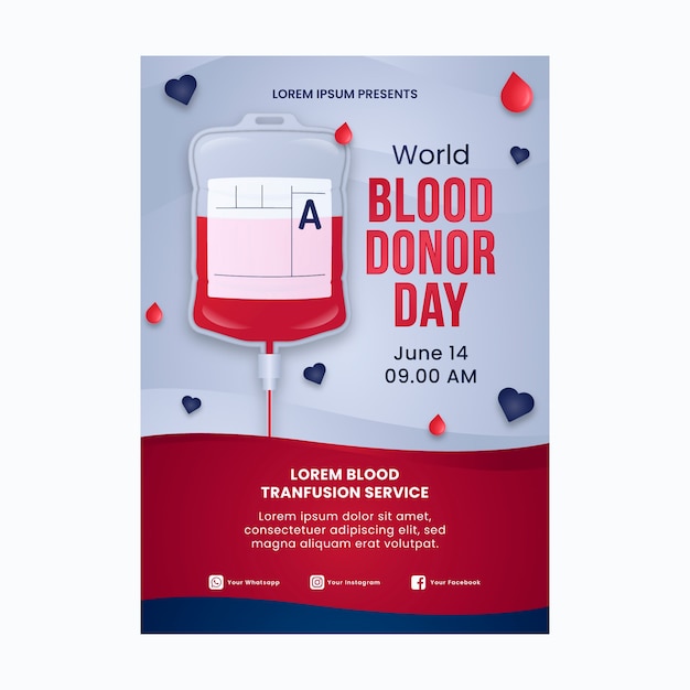Vector gratuito folleto o póster degradado del día mundial del donante de sangre