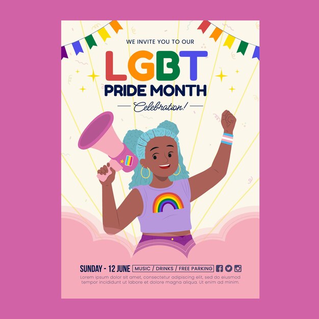 Vector gratuito folleto o póster lgbt plano dibujado a mano del mes del orgullo