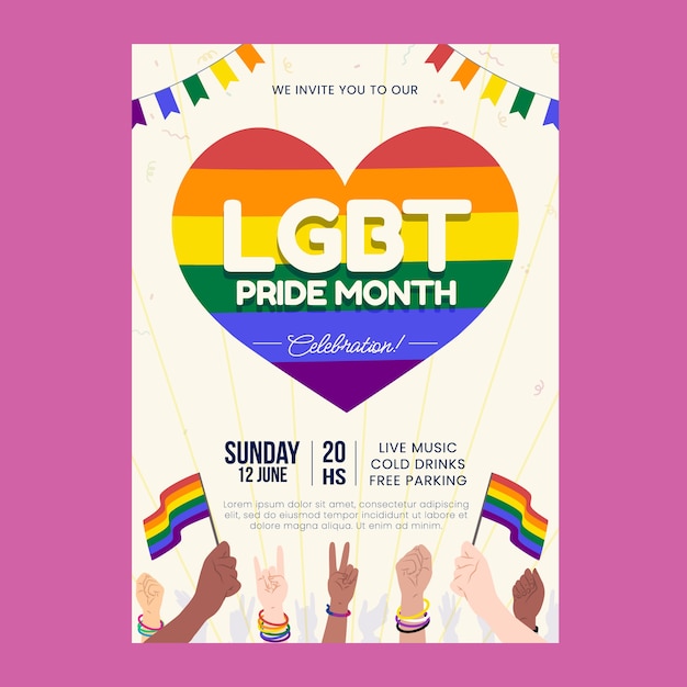 Vector gratuito folleto o póster lgbt plano dibujado a mano del mes del orgullo