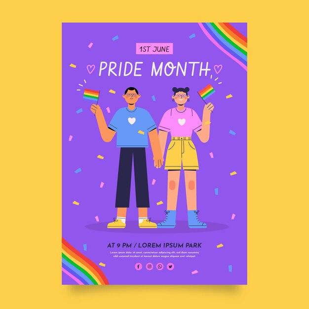 Folleto o póster del orgullo lgbt plano dibujado a mano del mes del orgullo