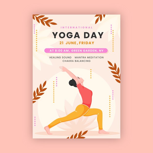 Folleto o póster plano dibujado a mano del día internacional del yoga
