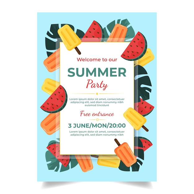 Vector gratuito folleto o póster plano dibujado a mano de verano