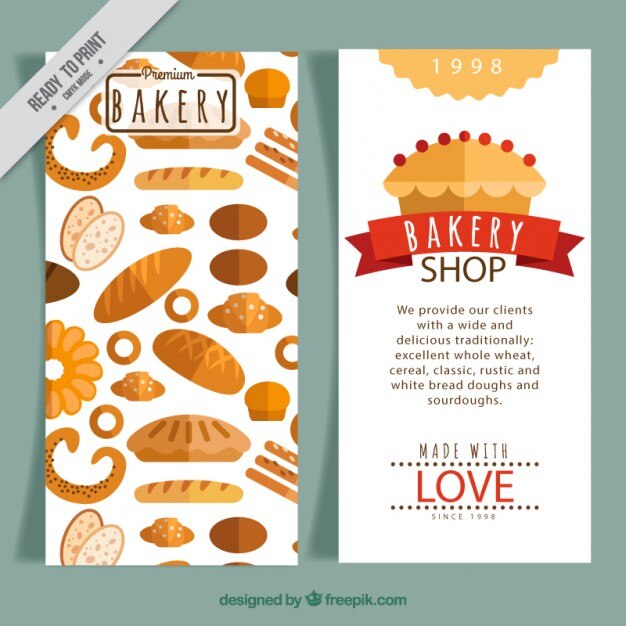 Folleto de panadería con productos planos deliciosos