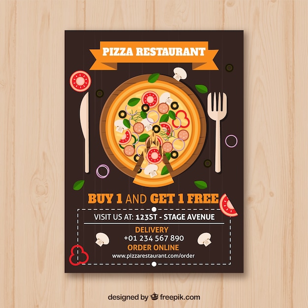 Vector gratuito folleto de pizza con cubiertos en diseño plano