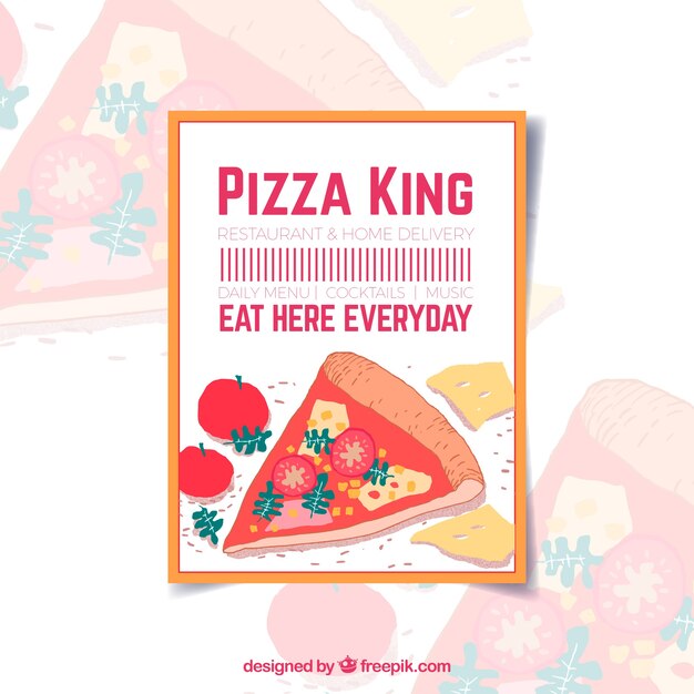 Folleto de pizza con texto "come aquí cada día"