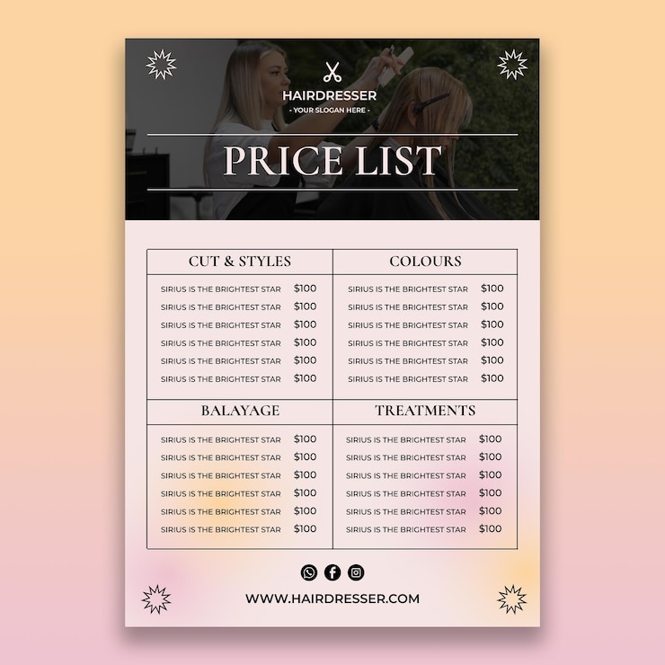 Vector gratuito folleto de precios de peluquería moderna degradado.
