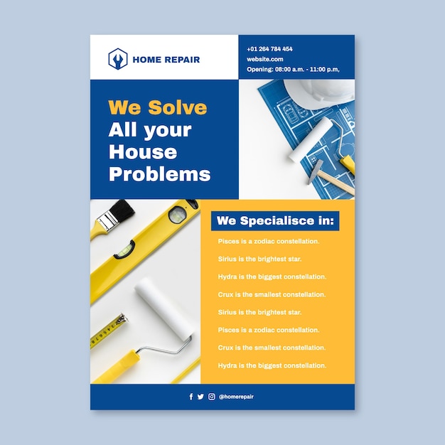 Vector gratuito folleto profesional de personal de mantenimiento de reparaciones del hogar.