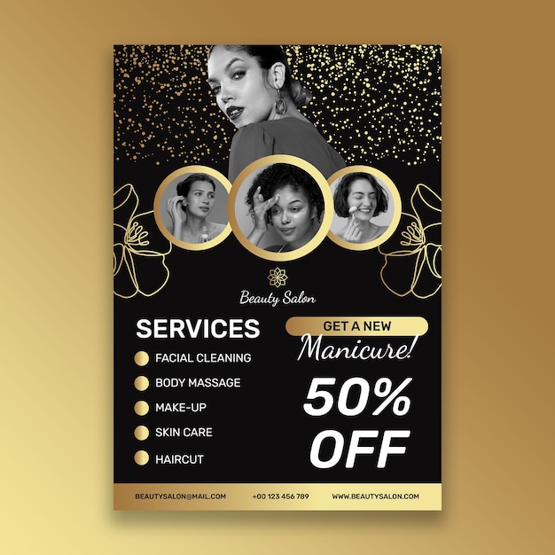 Vector gratuito folleto profesional de salón de belleza con efecto glamuroso negro y dorado
