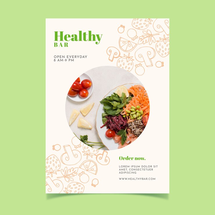 Vector gratuito folleto de restaurante de comida saludable con foto
