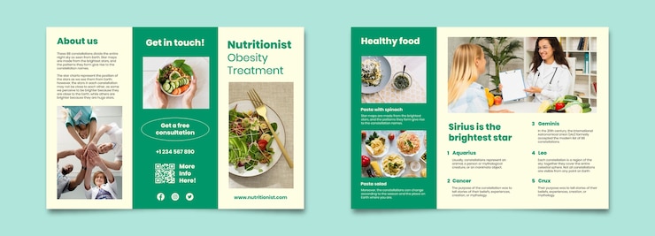 Vector gratuito folleto sencillo sobre el tratamiento de la obesidad por parte de un nutricionista.