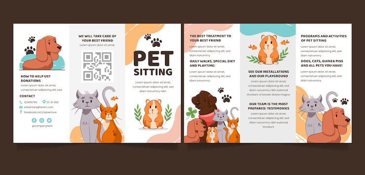 Vector gratuito folleto de servicio de cuidado de mascotas de diseño plano