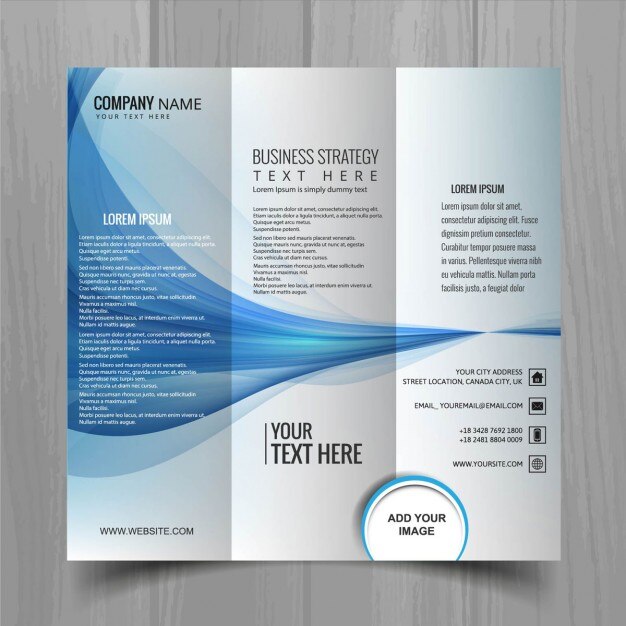 Folleto con tres partes y formas onduladas azules