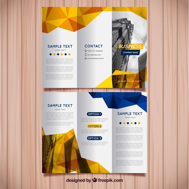 Folleto tríptico amarillo y azul