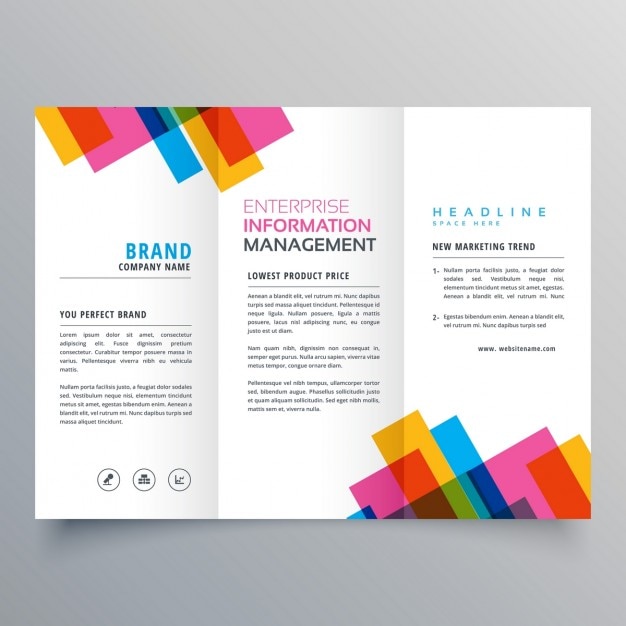 Folleto tríptico con coloridas formas geométricas