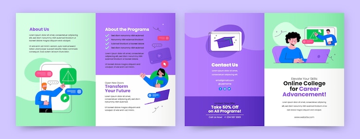 Vector gratuito folleto universitario en línea de diseño plano