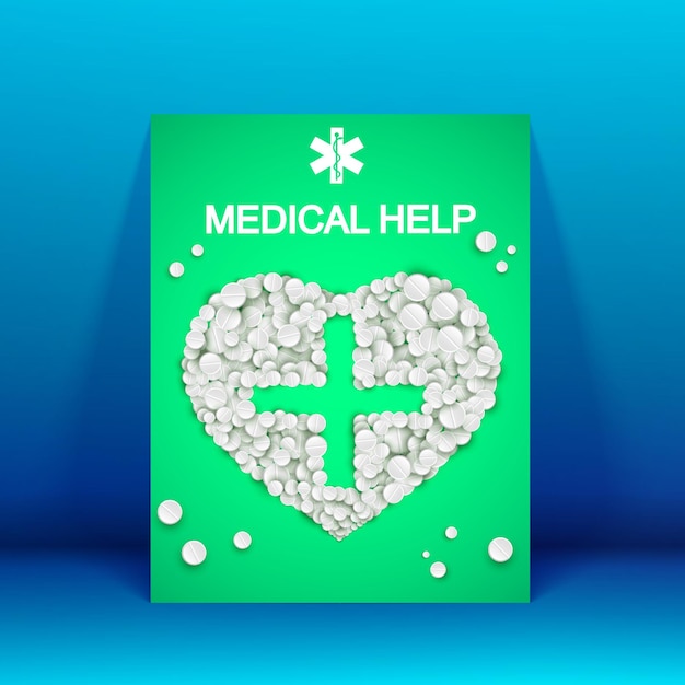 Vector gratuito folleto verde de ayuda médica con pastillas de medicamentos pastillas blancas en forma de corazón en la ilustración azul