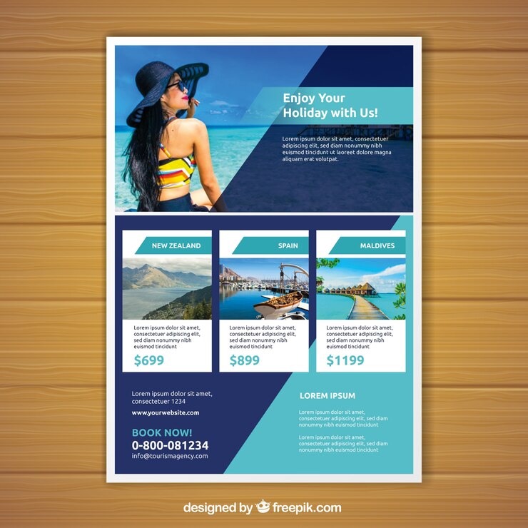 Vector gratuito folleto de viaje con foto de destinos