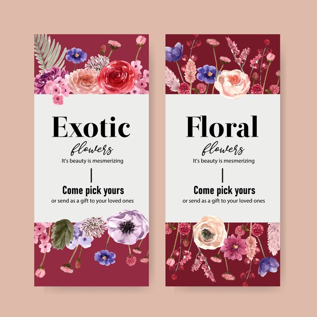 Folleto de vino floral con rosa, anémona, ilustración acuarela.