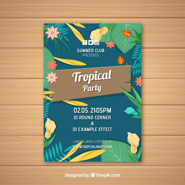 Folleto vintage de fiesta tropical con flores 