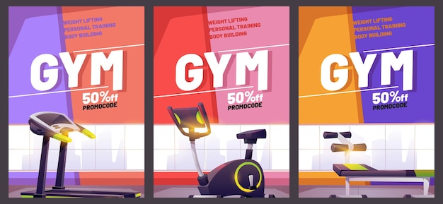 Vector gratuito folletos de dibujos animados de gimnasio con equipos de fitness