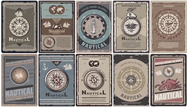 Vector gratuito folletos náuticos de colores vintage con texto diferentes brújulas de navegación anclas barcos mapa capitán sombrero pulpo aislado