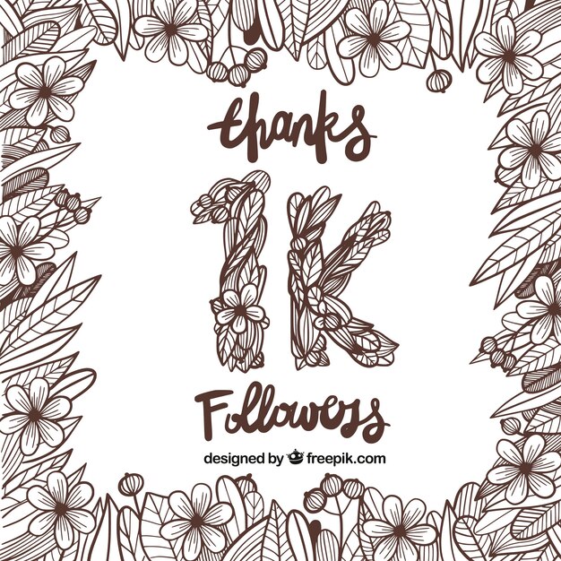 Fondo de 1k de seguidores con flores y hojas dibujadas a mano 