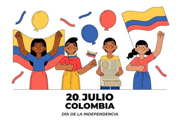 Vector gratuito fondo de 20 de julio dibujado a mano con gente sosteniendo banderas y globos