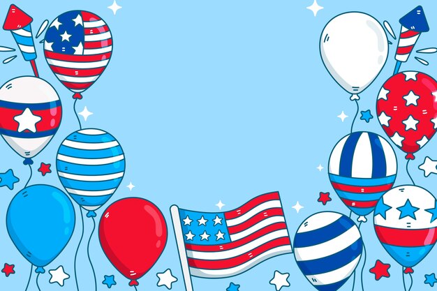Fondo del 4 de julio dibujado a mano con bandera y globos