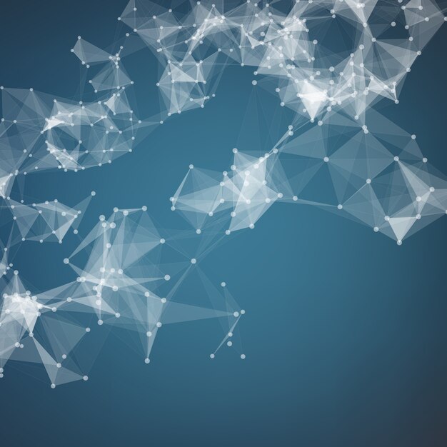 Fondo abstracto del acoplamiento del vector azul. Puntos y polígonos caóticamente conectados que vuelan en el espacio. Escombros voladores. Tarjeta futurista del estilo de la tecnología. Líneas, puntos, círculos y planos. Diseño futurista.