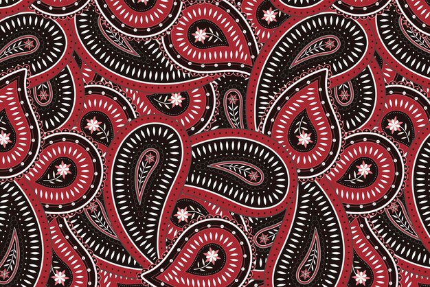Fondo abstracto de paisley, patrón indio en vector rojo y negro
