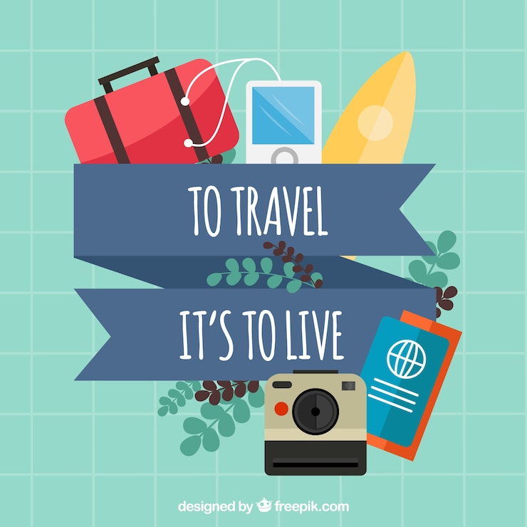 Vector gratuito fondo de accesorios e viaje en diseño plano con mensaje