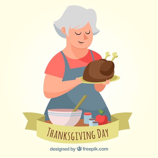 Vector gratuito fondo de acción de gracias con mujer cocinando pavo