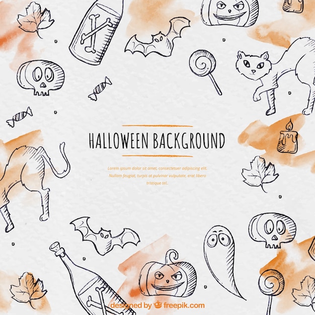 Vector gratuito fondo de acuarela con bocetos de halloween