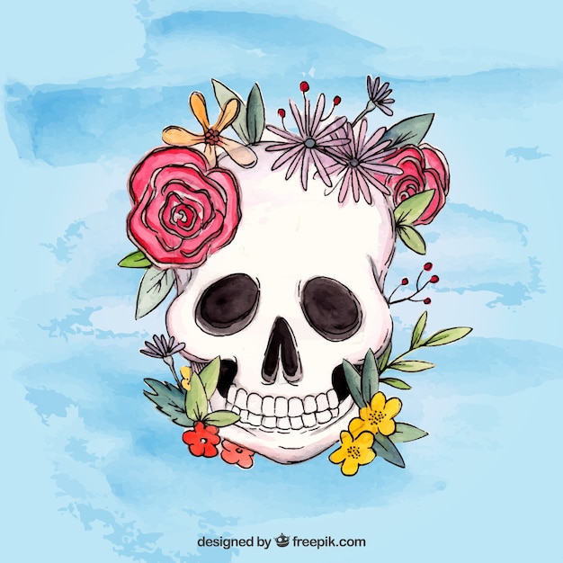 Vector gratuito fondo de acuarela de calavera con flores