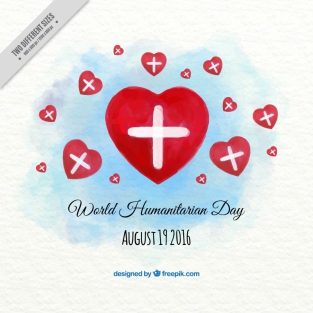 Vector gratuito fondo de acuarela del día humanitario de corazones con cruces