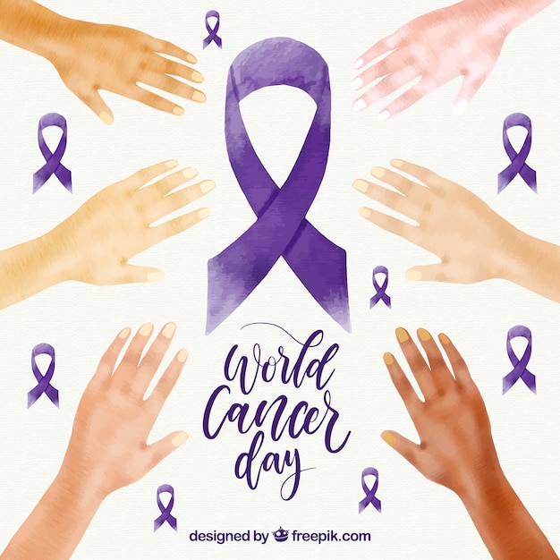 Fondo de acuarela para el día mundial contra el cáncer con seis manos