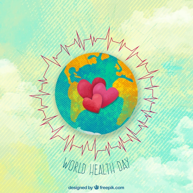 Fondo de acuarela del día de la salud con mundo y corazones 