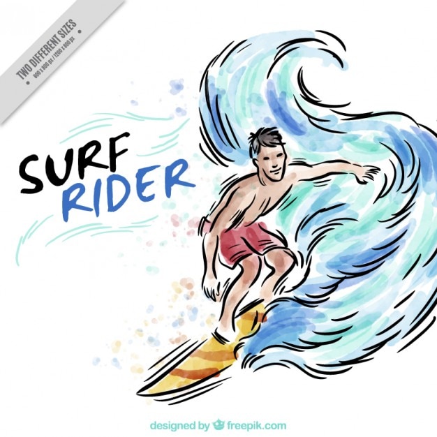 Vector gratuito fondo de acuarela dibujado a mano con un surfero