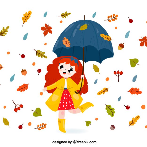Fondo adorable de otoño con chica con paraguas y hojas